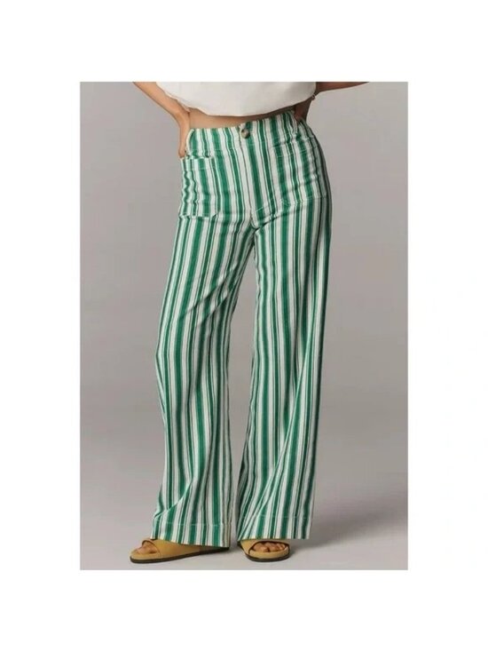 Anthropologie Pants - Anthropologie Colette Striped Full Length Wide Leg Pants Green Linen Womens 31